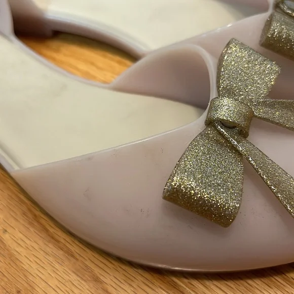 ✨ MELISSA ✨ Cream And Gold Glitter Bow Jelly D’Orsay Flats Size US 9 - Picture 6 of 11